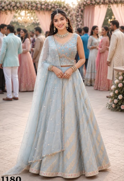 Aqua Blue Viscose Readymade Lehenga Choli